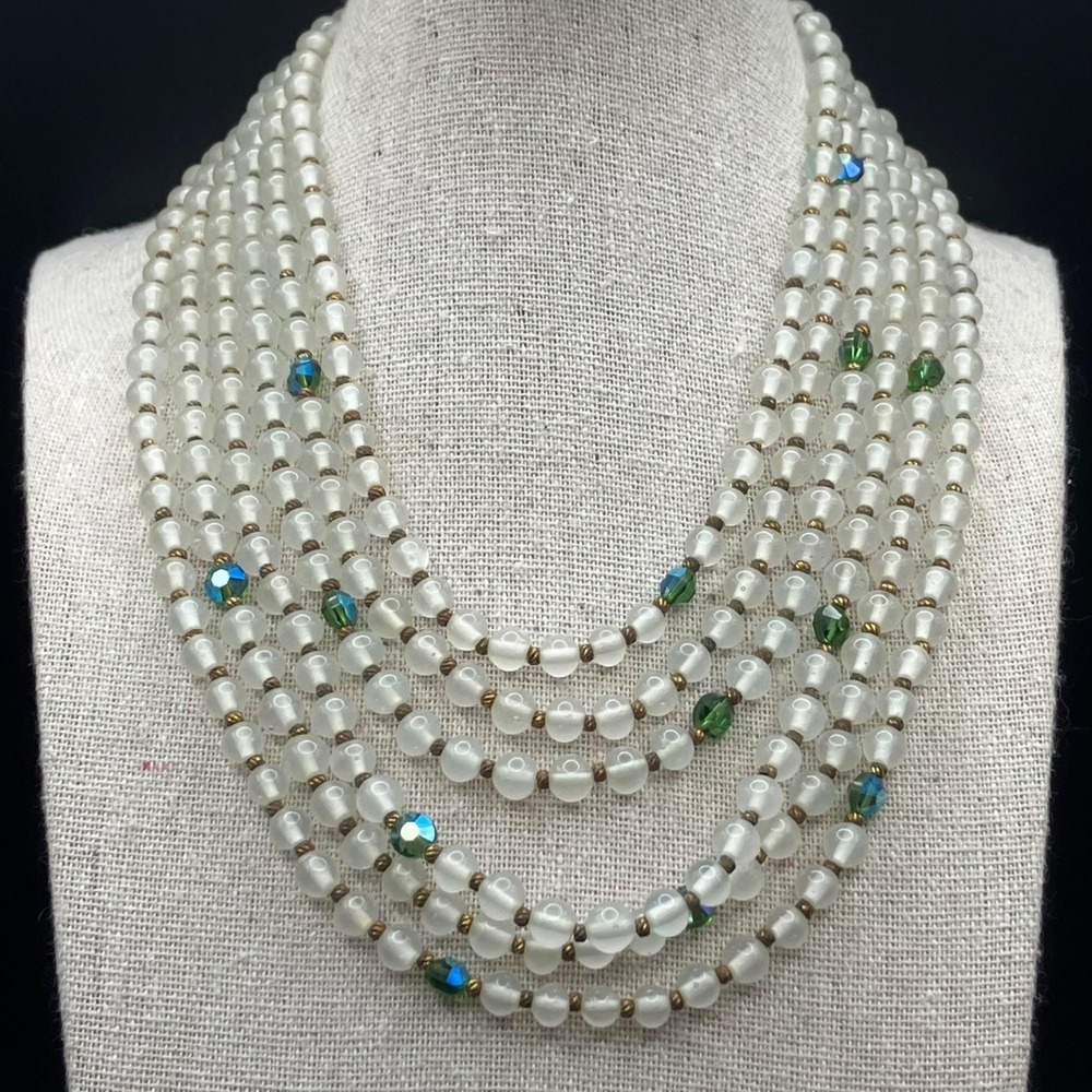 Vintage‎ 1950s Six-Strand Frosted Glass Choker w/ Green Lucite Clasp